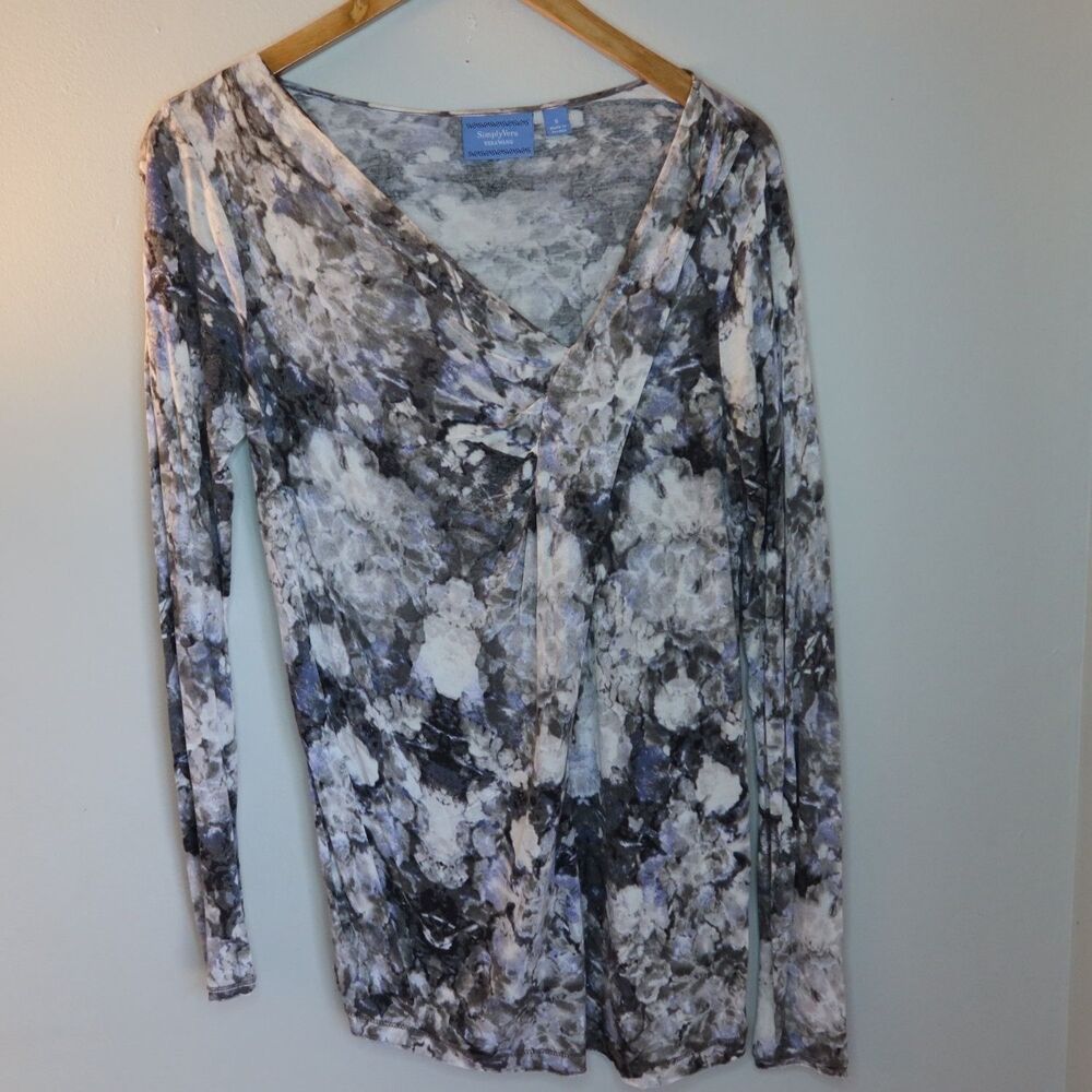 Simply Vera Wang Womens Long Sleeve Draped Neck Tunic Top S Gray Floral